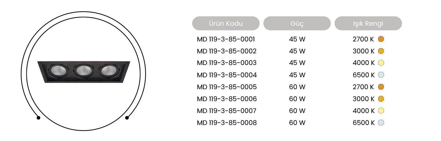 Masialux Ledli Sıva Altı Spot Armatür MD 119-3-85